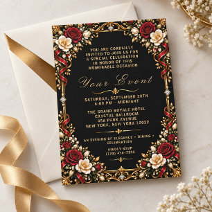 Convite Buquê de Rosas Preto e Dourado Elegante Atemporal