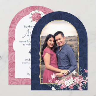 Convite Buquê de Rosas Rosa e Azul Escuro, Casamento Arque