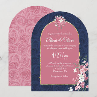 Convite Buquê de Rosas Rosa e Azul Escuro, Casamento Arque