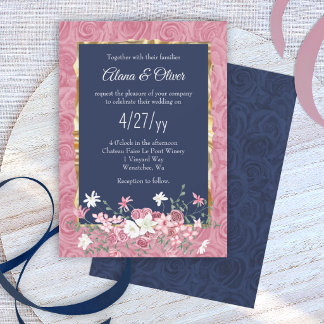 Convite Buquê de Rosas Rosa e Azul Escuro, Casamento Arque