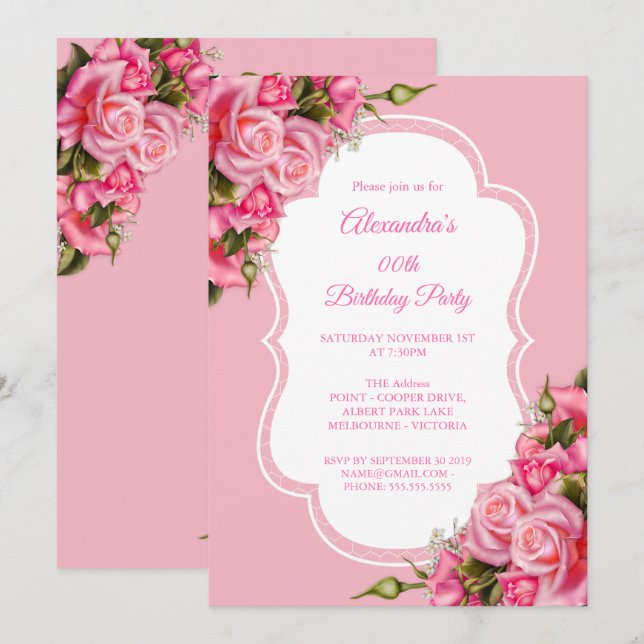 Convite Buquê de Rosas Rosa para Festa de Aniversário (Frente/Verso)