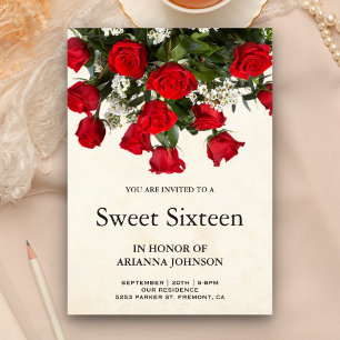 Convite Buquê de Rosas Vermelhas Românticas Sweet Sixteen