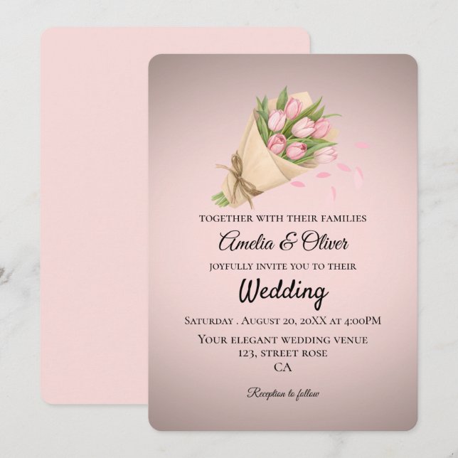 Convite Buquê de Tulipas Rosa Elegante Casamento (Frente/Verso)