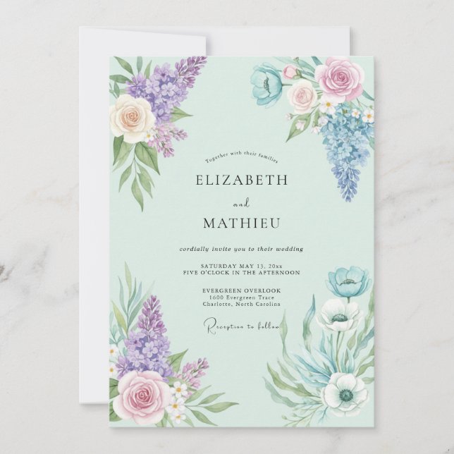 Convite Buquê de Violeta Hortelã Casamento Eucalipto (Frente)