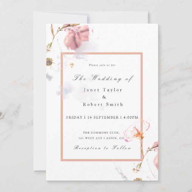Convite Buquê Delicado com Casamento de Fronteira Rosa (Frente)