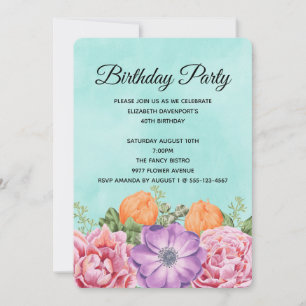 Convite Buquê Elegante de Flores de Aquarela de Aniversári