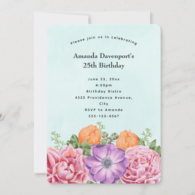 Convite Buquê Elegante de Flores de Aquarela de Aniversári (Frente)