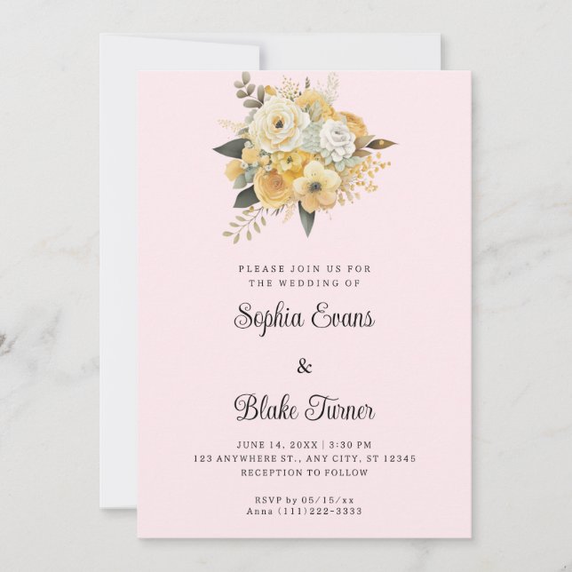 Convite Buquê Floral Amarelo e Branco Rosa Casamento (Frente)