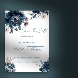 Convite Buquê floral aquarela azul marinho Save The Date