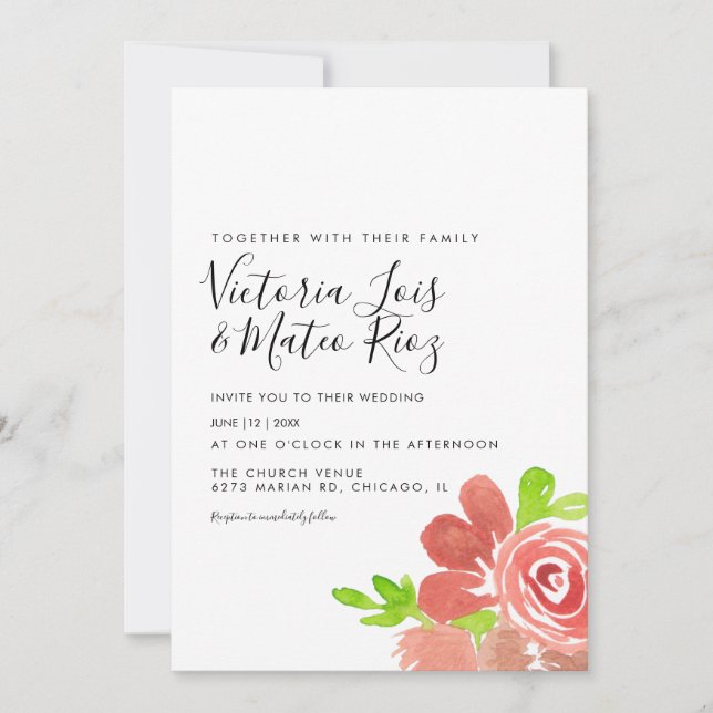 Convite Buquê Floral Aquarela Rosa Bege Casamento (Frente)