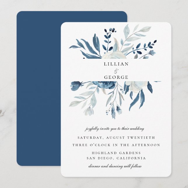 Convite Buquê Floral Azul Elegante Casamento (Frente/Verso)