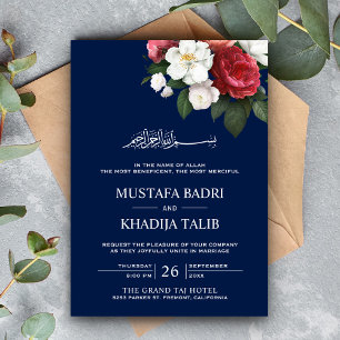 Convite Buquê Floral Azul Escuro Casamento Islâmico Muçulm