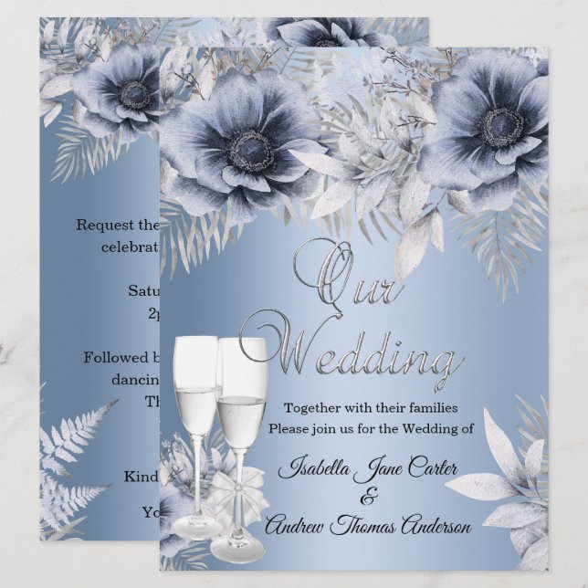 Convite Buquê Floral Azul Prata Casamento Champanhe (Frente/Verso)