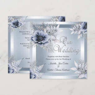 Convite Buquê Floral Azul Prata de Casamento de Outono