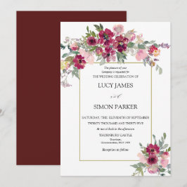 Convite Buquê floral Blush Burgundy com quadro dourado