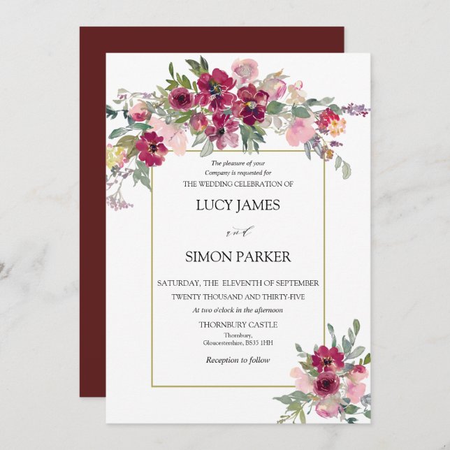 Convite Buquê floral Blush Burgundy com quadro dourado (Frente/Verso)