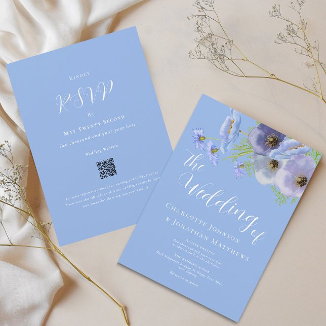 Convite Buquê Floral Boho Elegante Azul Código Qr Casament (Elegant wildflower bouquet watercolor blue floral wedding qr code invitation)