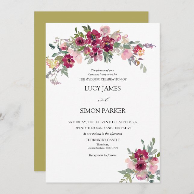 Convite Buquê floral Burgundy Blush Casamento (Frente/Verso)