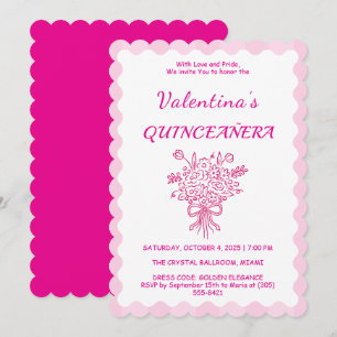 Convite Buquê Floral de Quinceañera Elegante Rosa e Bran