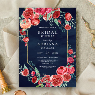 Convite Buquê Floral de Rosas Vermelhas Azul Naval Chuveir