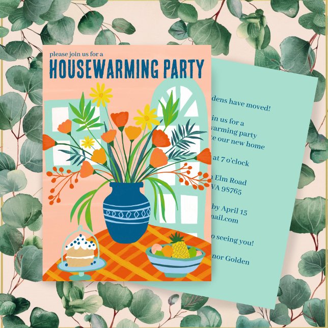 Convite BUQUÊ Floral do Partido HUSEWARMING Nova Gota Domé (HOUSEWARMING Party Floral Bouquet Vase New Home Cute Custom Invitation
)