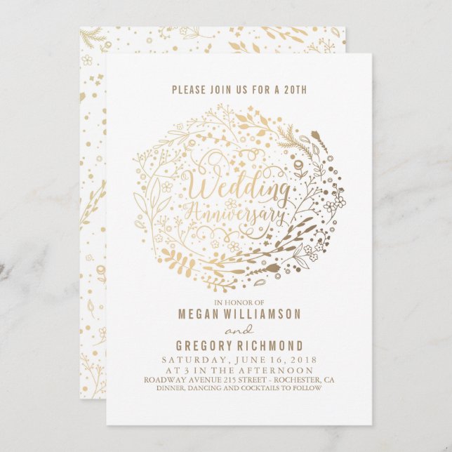 Convite Buquê Floral Dourado Fabuloso Aniversário de Casam (Frente/Verso)