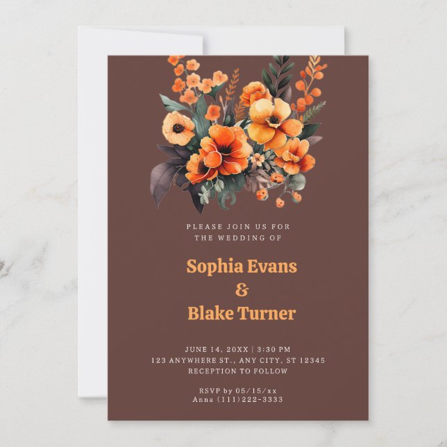 Convite Buquê Floral Laranja e Verde Castanho Casamento (Frente)