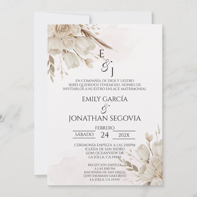 Convite Buquê floral Pampas casamento espanhol  (Frente)