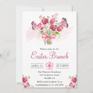 Convite Buquê Floral Rosa e Borboletas Brunch de Páscoa