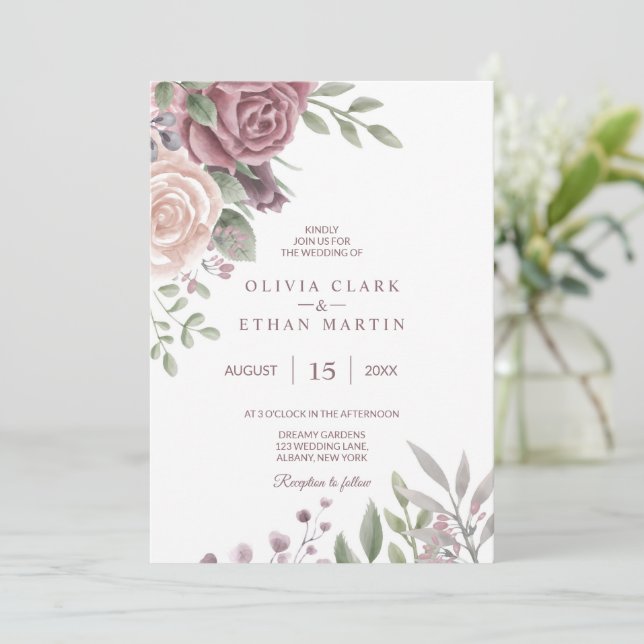 Convite Buquê Floral Russo Rosa Watercolor (Em pé/Frente)