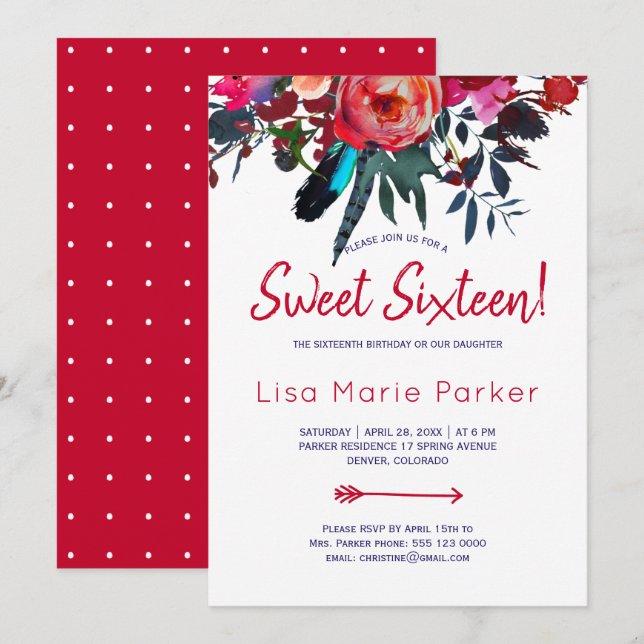 Convite Buquê floral rústico boho vermelho azul marinho sw (Frente/Verso)