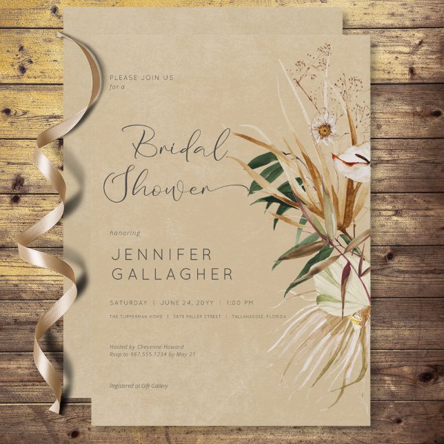 Convite Buquê Floral Seco Moderno Tan Boho (Modern Tan Boho Dried Floral Bouquet Bridal Shower Invitation)