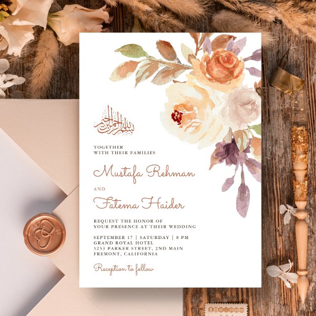 Convite Buquê Floral Terroso Rústico Casamento Islâmico (Criador carregado)