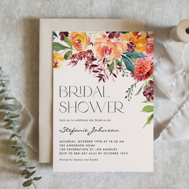 Convite Buquê Floral Vintage Fall (Customizable Watercolor Vintage Fall Floral Bouquet Bridal Shower Invitation)