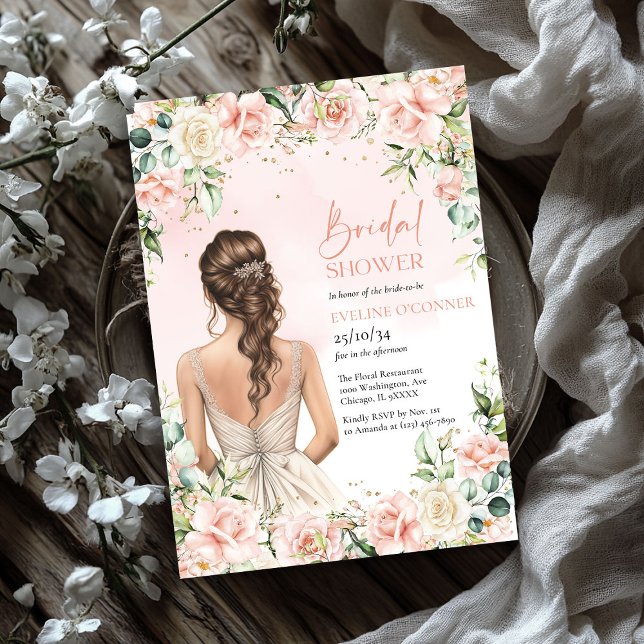 Convite Buquê lavado, pincel e rosas de creme, eucalipto (Lavish bouquet blush and cream roses eucalyptus bridal shower invitation)