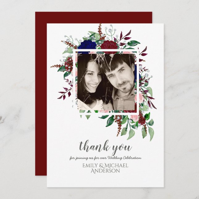 Convite Buquê Marsala Blue Pink Flowers OBRIGADO (Frente/Verso)