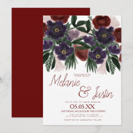 Convite Buquê Ousado de Borgonha em Aquarela Casamento Fl