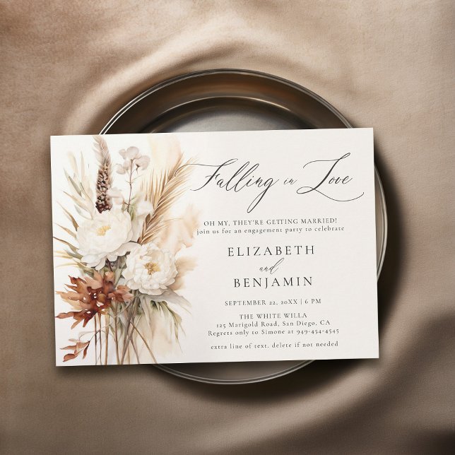 Convite Buquê Romântico Boho Peony Festa de noivado (fall engagement party invitation falling in love peony pampas rust burnt orange watercolor)