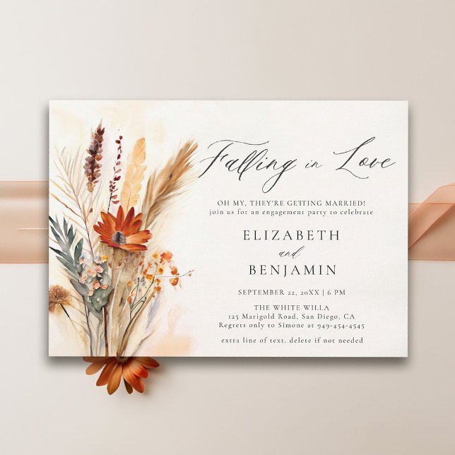 Convite Buquê Romântico Festa de noivado Chic (fall engagement party invitation falling in love floral bouquet rust burnt orange watercolor elegant)