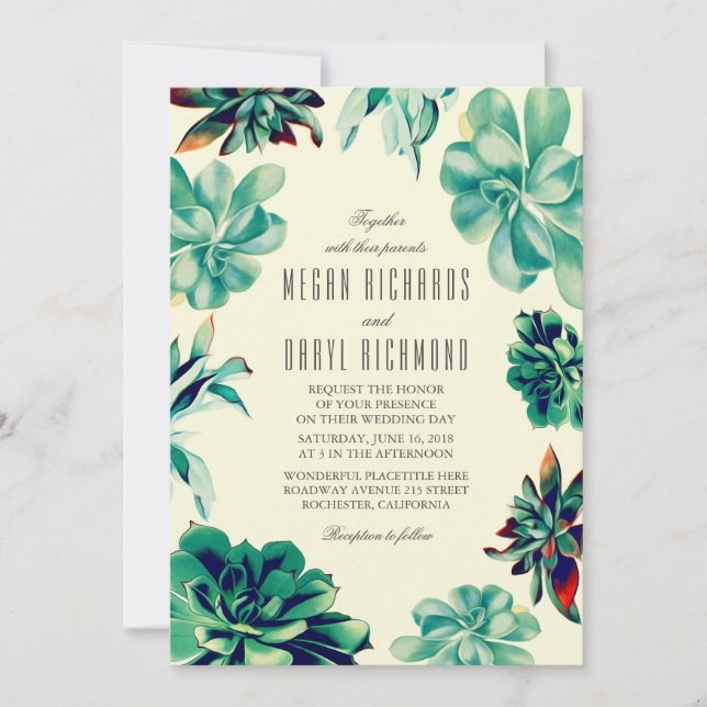 Convite Buquê Suculente - Casamento Teal Floral (Frente)