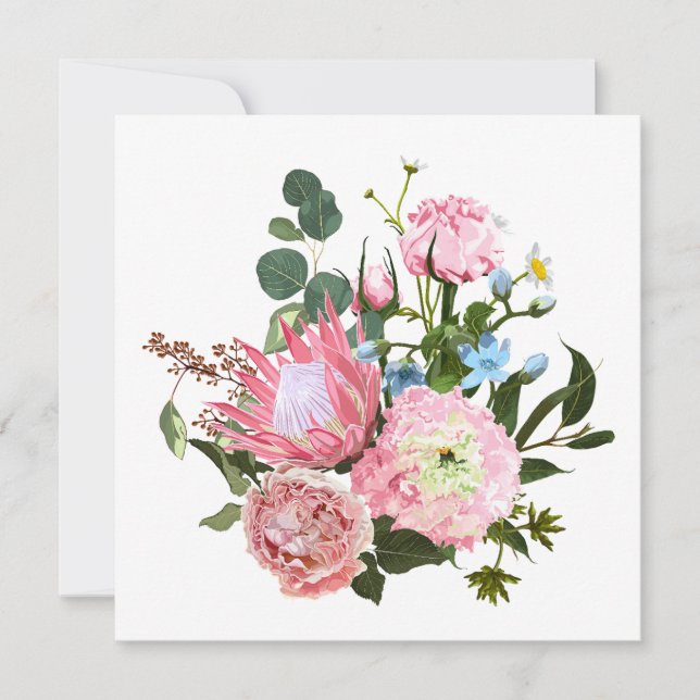 Convite Buquê tropical com flores rosa. (Frente)