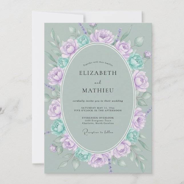 Convite Buquê Violeta Celadon Casamento Eucalipto (Frente)