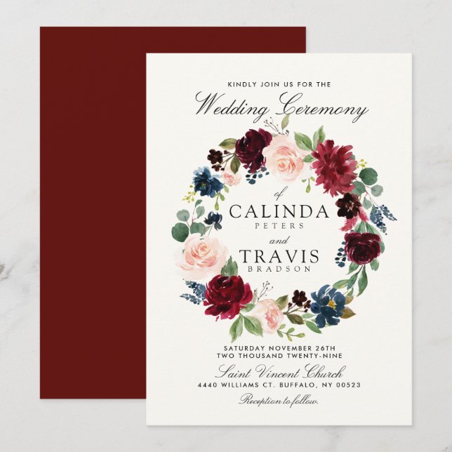 Convite Buquê Wreath| Casamento vermelho (Frente/Verso)