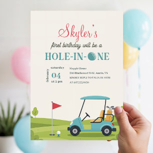 Convite Buraco Azul Verde de Um no Golfe Aniversário de Um