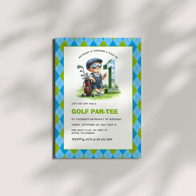 Convite Buraco de Um Golfe Par-Tee Aniversário de 1 ano Me (Hole in One Golf Par-Tee 1st Birthday Boy Invitation)
