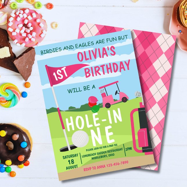 Convite Buraco Em Um Golfe Garota primeiro aniversario Par (Cute golf theme invite for baby boy's 1st birthday – perfect for a hole in one party!)