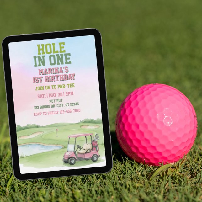 Convite Buraco em Um, Golfe Rosa Aniversário de 1 ano (Criador carregado)