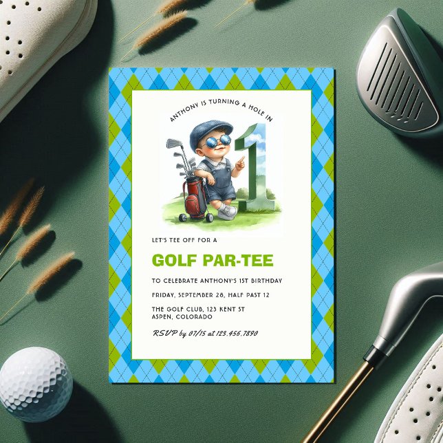 Convite Buraco em um primeiro aniversario de Golfe Par-Tee (Hole in One Golf Par-Tee 1st Birthday Boy Invitation)