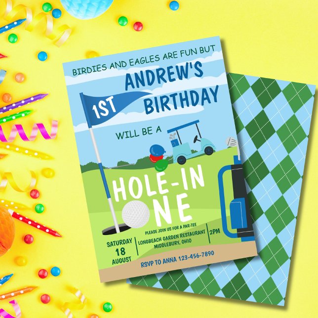 Convite Buraco Em Um primeiro aniversario De Golfe Par Tee (Cute golf theme invite for baby girl's 1st birthday – perfect for a hole in one party!)