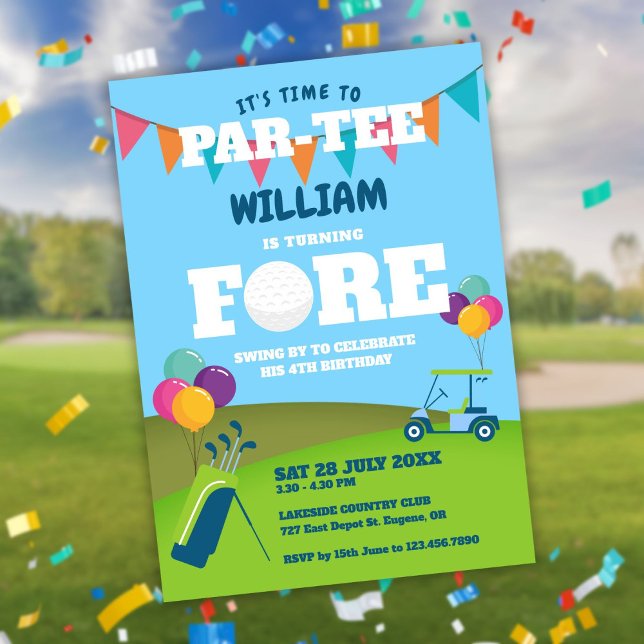 Convite Buraco em uma festa de golfe 4ª festa de aniversár (Hole In One Golf Partee 4th Birthday Party Invitation)